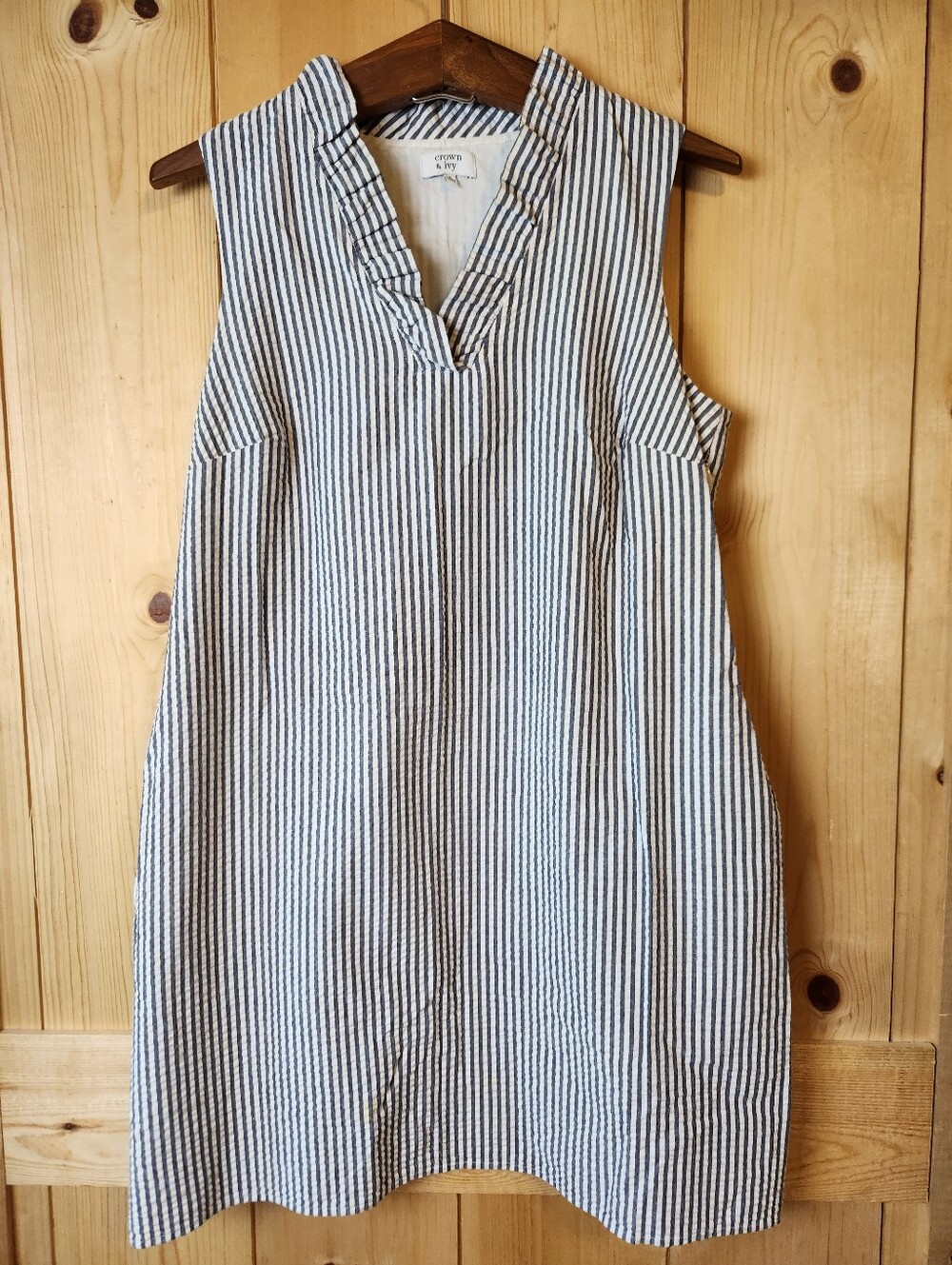 Crown & Ivy Seersucker Pinstripe Ruffled V-Neck Pocketed Sleeveless Dress